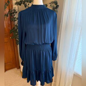 Skies Are Blue - Blue Pleated Smocked Waist Long Sleeve Dress – Size Small